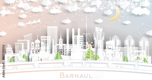 Barnaul. Russia. Winter city skyline in paper cut style with snowflakes, moon and neon garland. Christmas and new year. Santa Claus on sleigh. Barnaul cityscape with landmarks. Illustration.