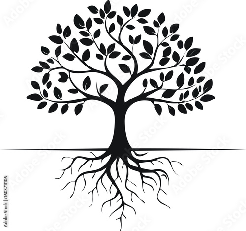 Tree silhouette with spreading branches and roots, symbol of life and growth.

