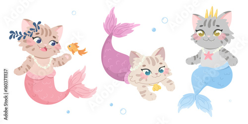 Set of little mermaid cats. Cute fantasy characters. Kawaii animals underwater. Cartoon vector illustration
