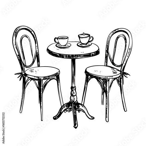 Hand-drawn black and white sketch of two vintage bistro chairs and round cafe table with tea cups on table minimalist vector illustration for street cafe furniture design and vacation postcard