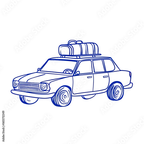 Hand drawn vintage car sketch with luggage on roof rack, classic family travel vehicle doodle isolated on white background, trip and vacation concept line art drawing vector illustration
