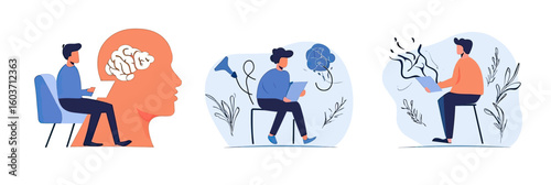 Conceptual mental health therapy illustration set with male characters exploring brain, emotional stress, and burnout recovery in minimalist flat vector style
