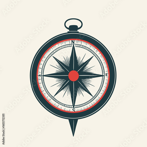 Vintage style compass rose vector illustration with directional points and needle in flat minimalist design for navigation and travel concept