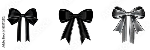 Stylish black and silver satin ribbon bows set with detailed shadows and highlights isolated on white background elegant decorative gift wrapping elements vector illustration