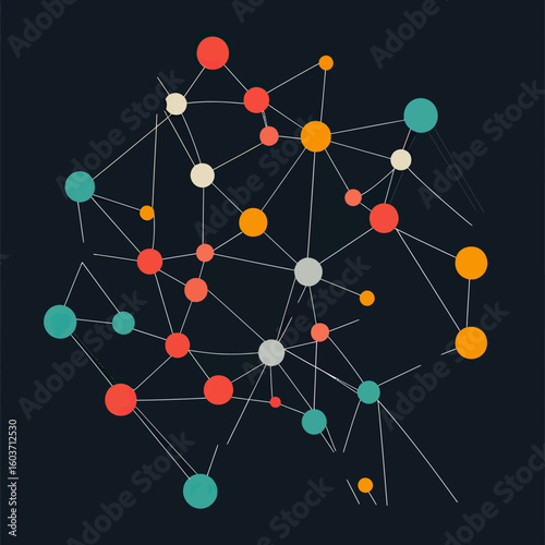 Colorful interconnected nodes and network structure with geometric lines on dark background representing abstract data connections and communication concept vector illustration