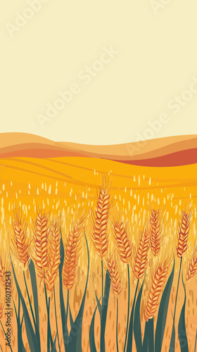 Golden wheat field with ripe wheat ears and rolling hills under clear sky, agricultural harvest season landscape vector illustration in warm tones
