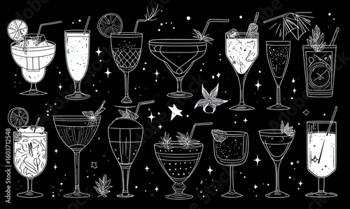 Assorted black and white vector illustration of various cocktails in different glasses with garnishes and decorative elements in flat minimalist style