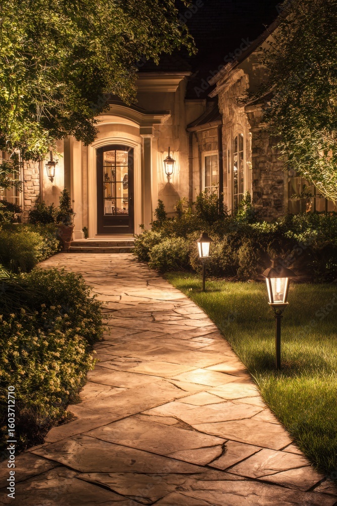 Fototapeta premium Elegant pathway illuminated by lanterns leads to a beautifully designed house at night, showcasing architectural details and lush landscaping that enhance the serene atmosphere