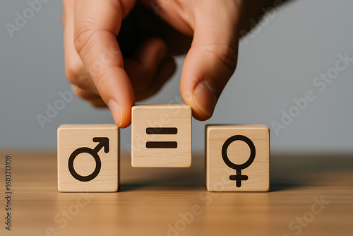 Equal gender equality on wooden blocks, equality between men and women.new Technical.