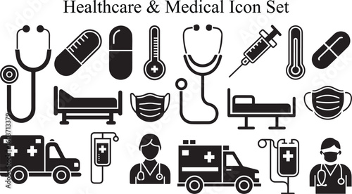 Flat Medical Icons Pack – Doctors, Nurses, Stethoscopes, Syringes, First Aid Kit