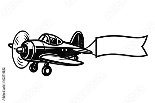 Retro Airplane Pulling a Blank Banner - Vintage Graphic Illustration for Custom Text or Advertisement