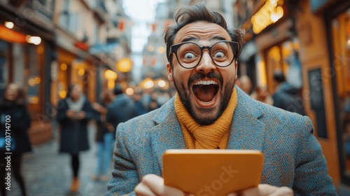 A joyful man holds a tablet, excited in a lively street filled with people and lights.