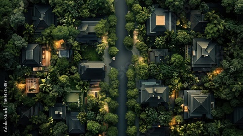 Vertical cityscape with lush greenery and illuminated windows at dusk