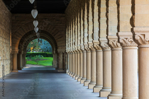A cloister showing the colonnade in Palo Alto, California.