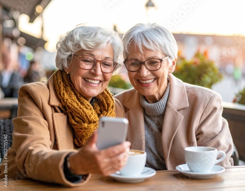 Two elderly women, smiling, looking at a phone at an outdoor cafe