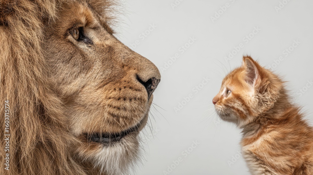 Fototapeta premium A tiny kitten confronts a powerful lion in a bold minimalist scene symbolizing strength determination and inner bravery.