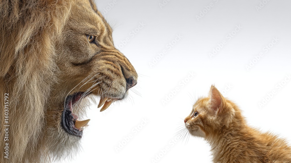 Obraz premium A tiny kitten confronts a powerful lion in a bold minimalist scene symbolizing strength determination and inner bravery.