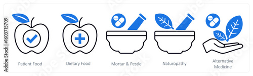 A set of 5 mix icons as patient food, dietary food, mortar and pestle