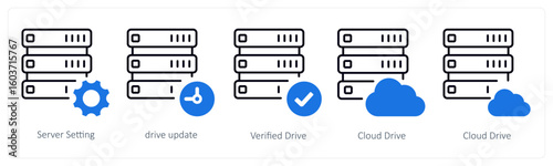 A set of 5 mix icons as server setting, drive update, verified drive