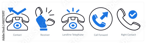 A set of 5 mix icons as contact, receiver, landline telephone