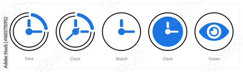 A set of 5 mix icons as time, clock, watch