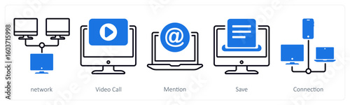 A set of 5 mix icons as network, video call, mention
