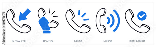 A set of 5 mix icons as receive call, receiver, calling