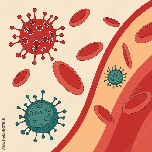 Microscopic view of virus cells spreading in the bloodstream generated by ai