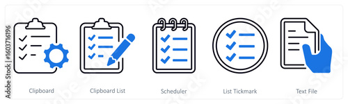 A set of 5 mix icons as clipboard, clipboard list, scheduler