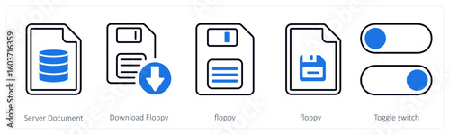 A set of 5 mix icons as server document, download floppy, floppy