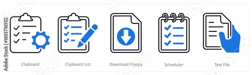 A set of 5 mix icons as clipboard, clipboard list, download floppy