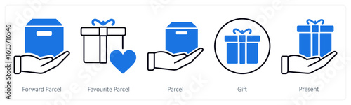 A set of 5 mix icons as forward parcel, favorite parcel, parcel
