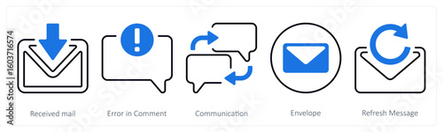 A set of 5 mix icons as received mail, error in comment, communication