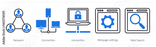 A set of 5 mix icons as network, connection, webpage settings