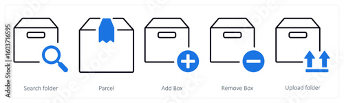 A set of 5 mix icons as search folder, parcel, add box