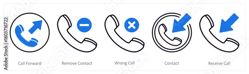 A set of 5 mix icons as call forward, remove contact, wrong call