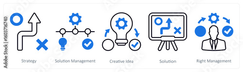 A set of 5 mix icons as strategy, solution management, creative idea