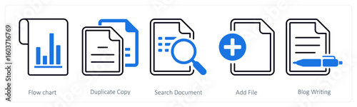 A set of 5 mix icons as flow chart, duplicate copy, search document