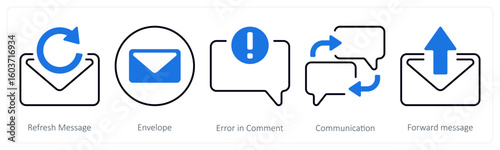 A set of 5 mix icons as refresh message, envelope, error in comment