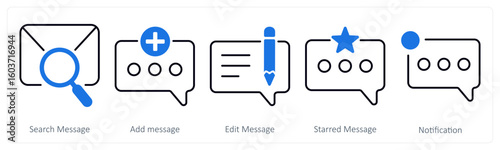 A set of 5 mix icons as search message, add message, edit message