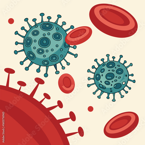 Microscopic view of virus cells spreading in the bloodstream generated by ai
