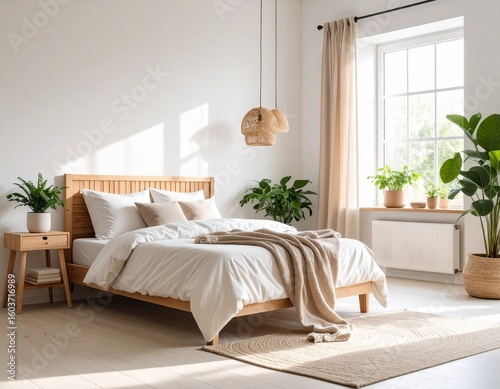 Scandinavian bedroom with natural light – minimalist interior scene
