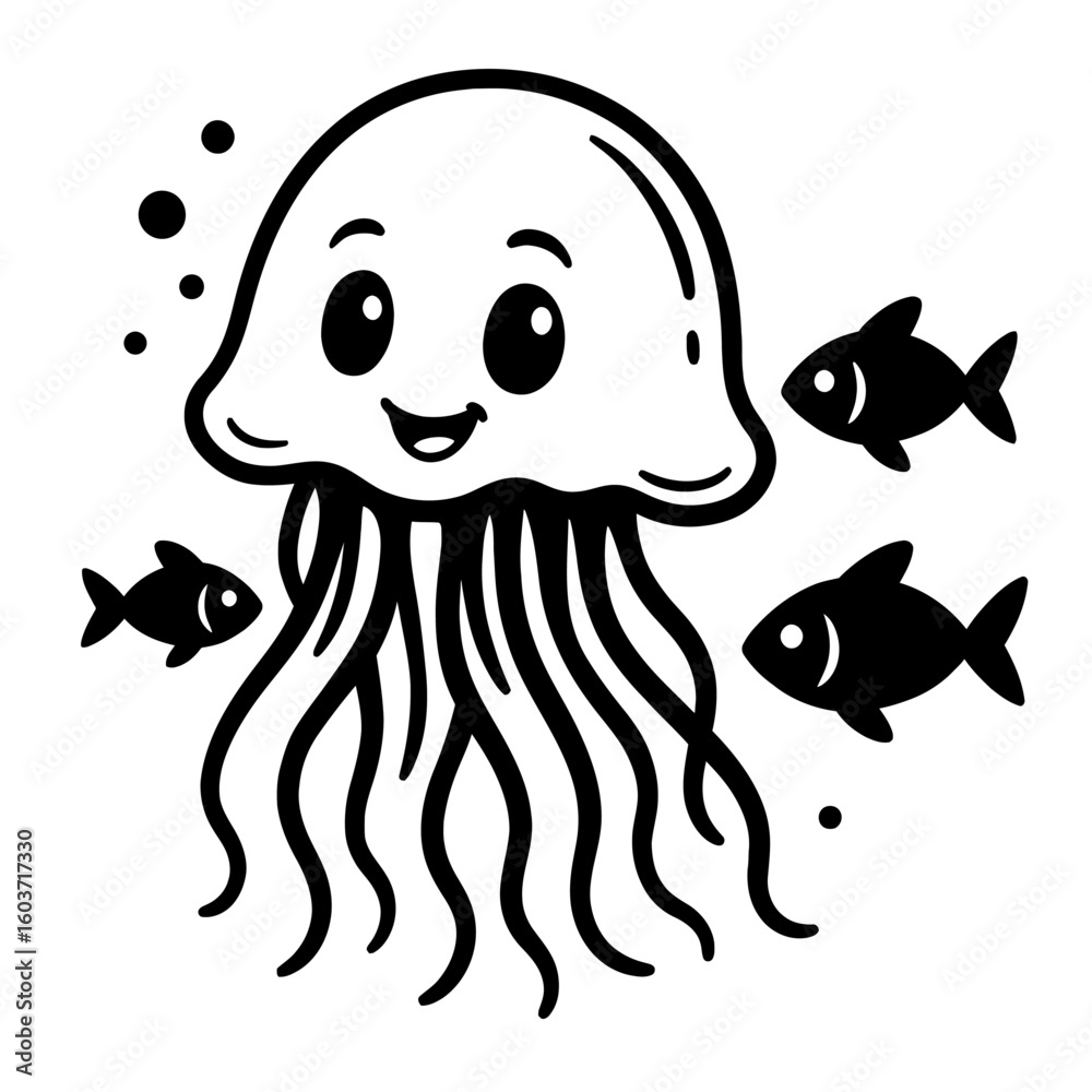 Happy Cartoon Jellyfish with Small Fish in an Underwater Scene Happy Cartoon Jellyfish with Small Fish in an Underwater Scene