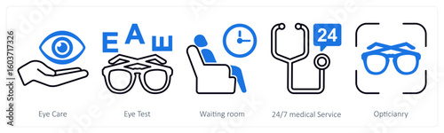 A set of 5 mix icons as eye care, eye test, waiting room