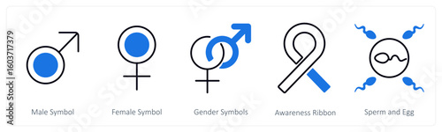A set of 5 mix icons as male symbol, female symbol, gender symbol
