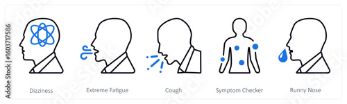 A set of 5 mix icons as dizziness, extreme fatigue, cough