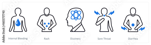 A set of 5 mix icons as internal bleeding, rash, dizziness