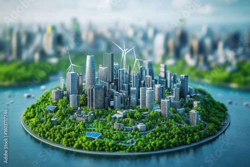 Futuristic green city island surrounded by water and lush vegetation