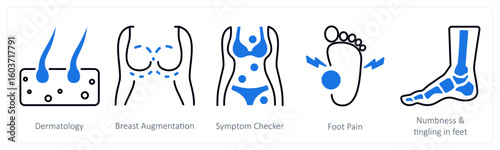 A set of 5 mix icons as dermatology, breast augmentation, symptom checker