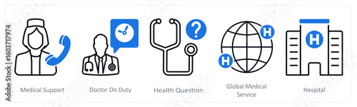 A set of 5 mix icons as medical support, doctor on duty, health question